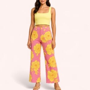 Zara Pink Wide Leg Floral Pants M Yellow Peony Print Retro Groovy Boho Y2K Girly